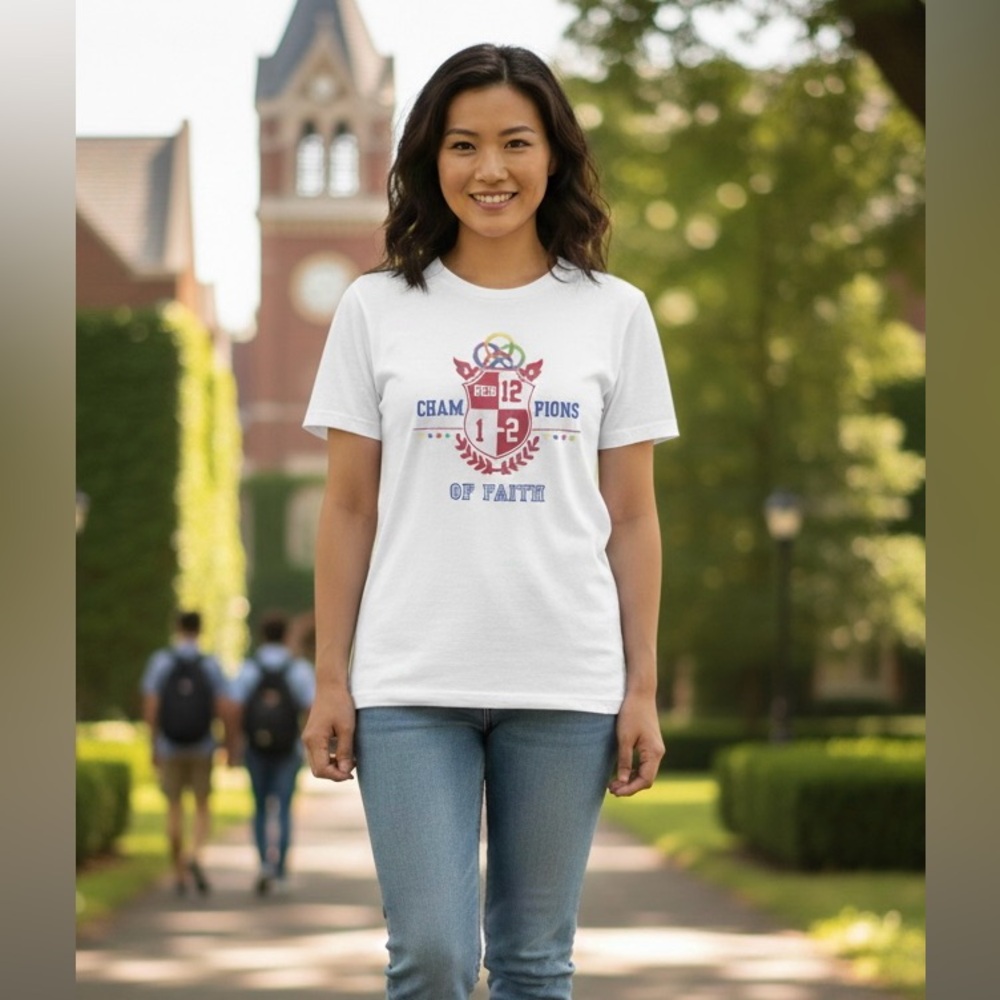 CHAMPIONS OF FAITH Christian Graphic “HEBREWS 12:1-2” on Gildan Tee